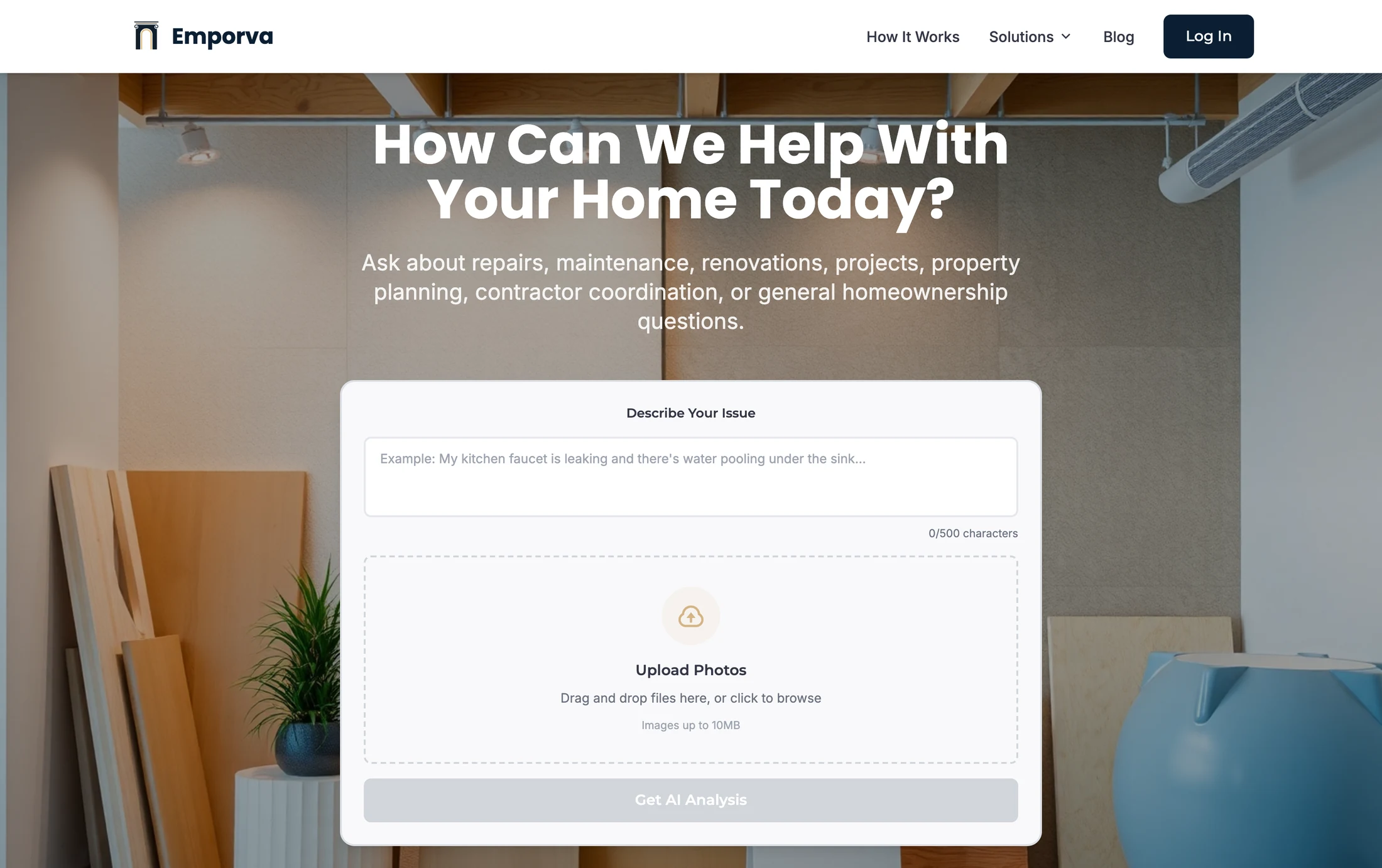 Emporva landing experience — AI-powered home diagnostics