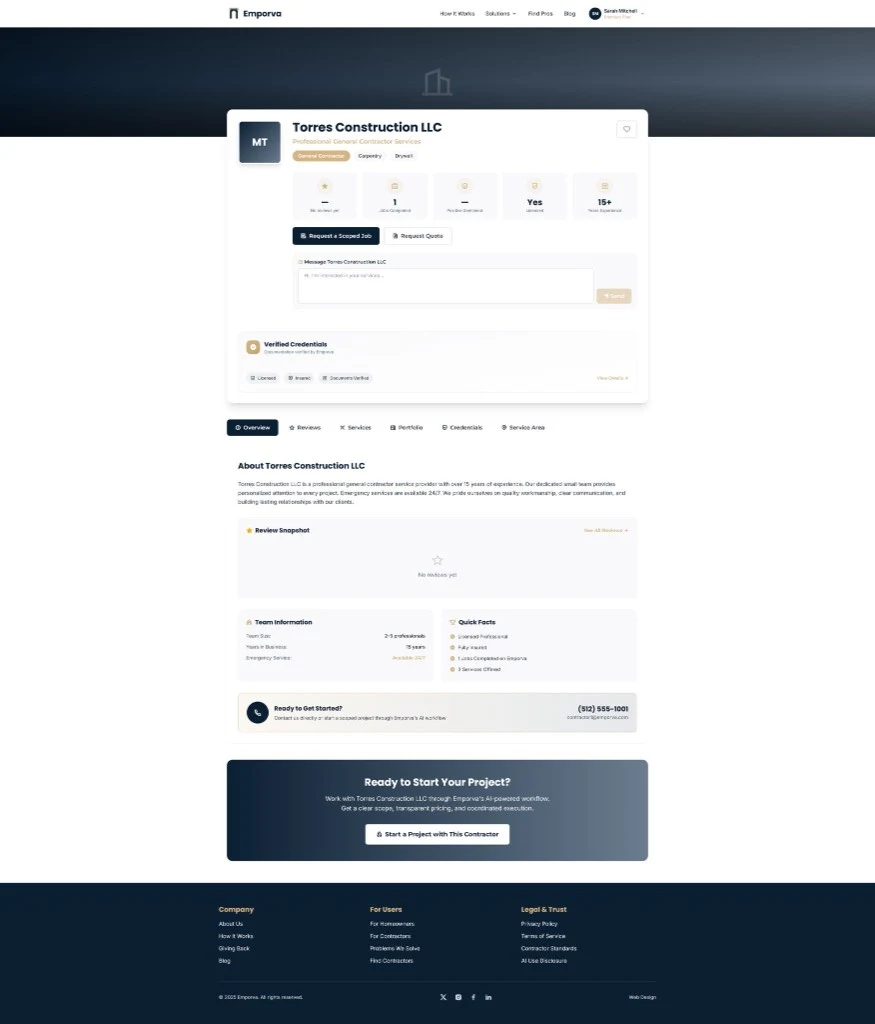 Emporva contractor profile and CRM